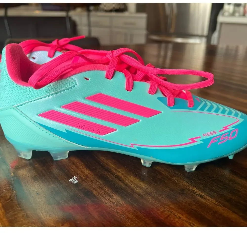 NWT Kids Adidas F50 League Messi FG/MG Soccer Cleats, Size 5.5. Blue/Pink